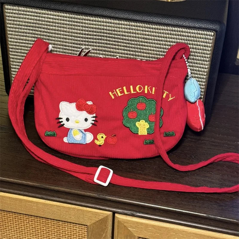 Kawaii Retro Red Cartoon HelloKitty Crossbody Bag Cute Japanese Girl Fashionable Corduroy Shoulder Bag Storage Bag Children Gift
