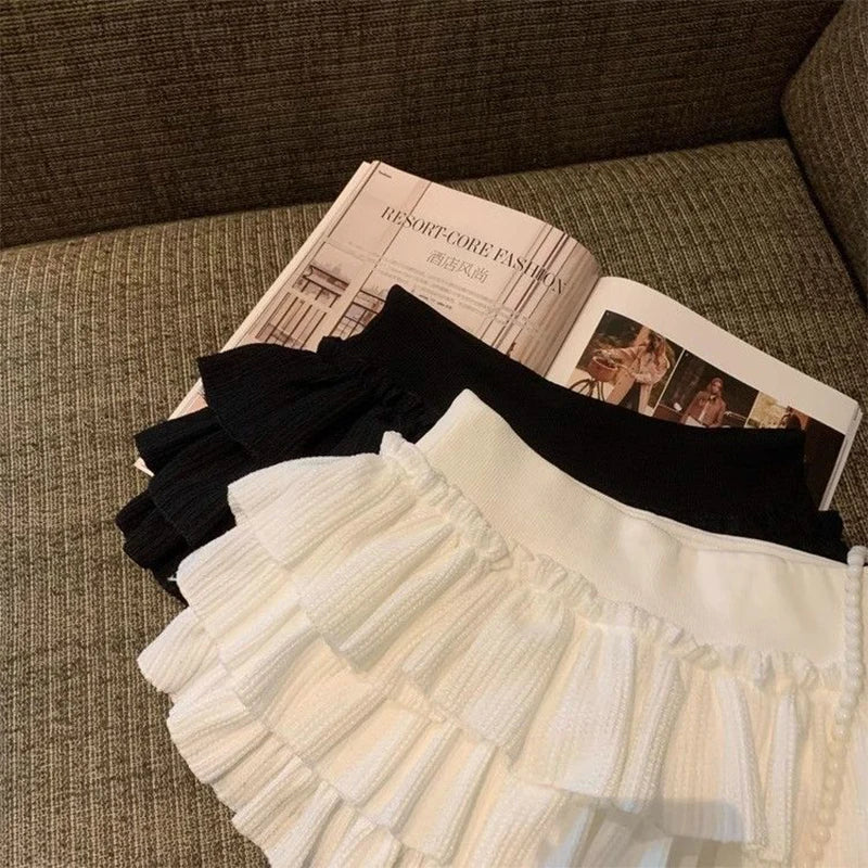Sweet Puffy Cake Women Skirts Korean Fashion Ruched Ruffle Mini Skirt Campus Harajuku Casual Versatile Elastic Waist Solid Skirt