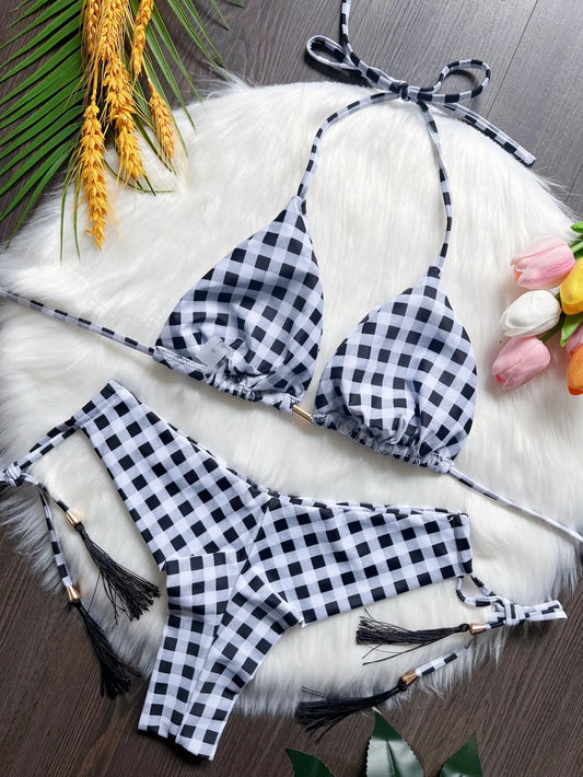 RUOTONSEPT Sexy Lattice Print Bandage Bikini Set Women's Swimsuit Two-piece Triangle Swimwear Bathing Suit Brazilian Biquini New