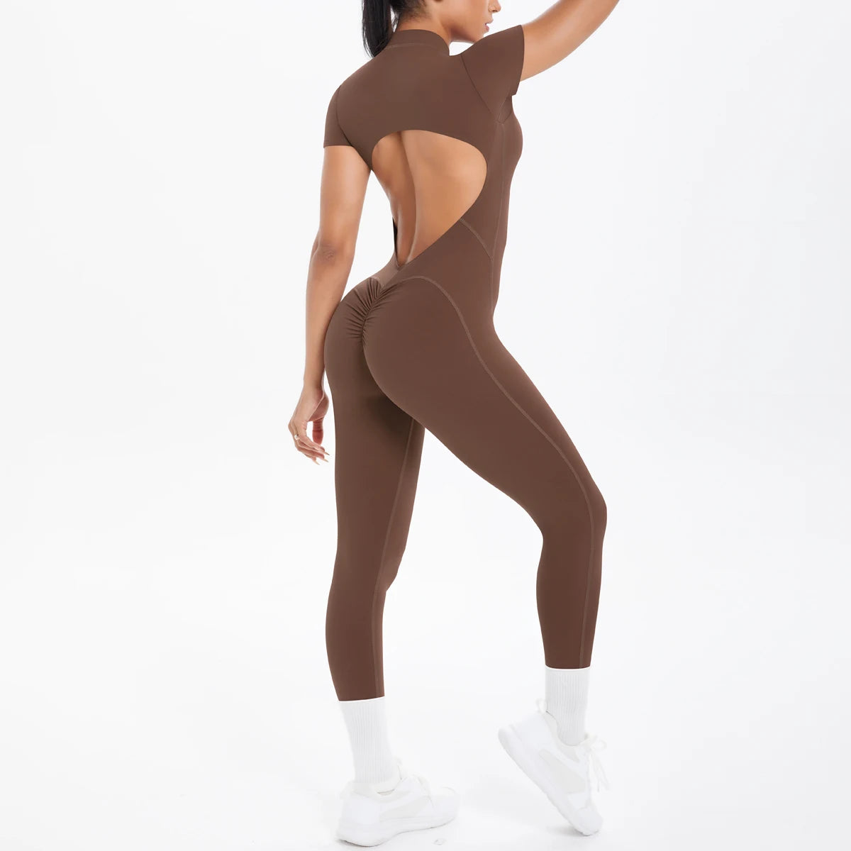 Sexy Backless Bodycon Scrunch Jumpsuit Raises Butt Women Dance Fitness Overalls Push Up With Chest Cushion Yoga Sport Jump Suit