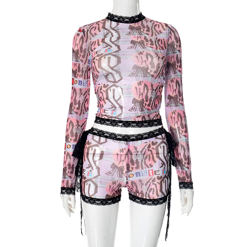 Weird Puss See Through Women 2 Piece Set Sexy Black-Edged Lace Sexy Full Sleeve Crop Tops+Shorts Matching Club Stretch Outfits