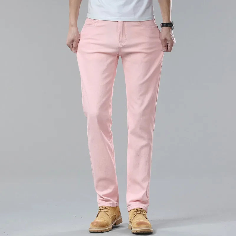 White Yellow Pink fashion 5 Color Men's Cotton Casual Pants Jeans Slim Straight Solid Color Business Trousers Four Seasons Brand
