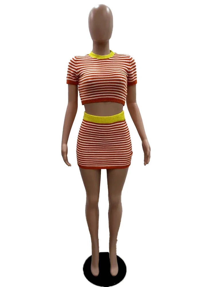 Weird Puss Crochet Stripe 2 Piece Set Women o-Neck Short Sleeve Crop Tops+Contrast Skinny Skirts Hottie Vacation Casual Outfits