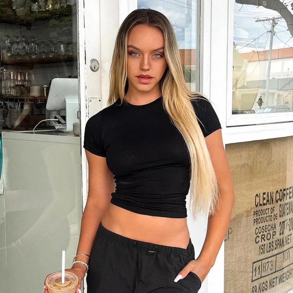 Sexy Crew Neck Basic T-Shirts Female Clothes Fashion Short White Solid Slim Fit High Street Tanks Tops Streetwear Crop Tops Tees