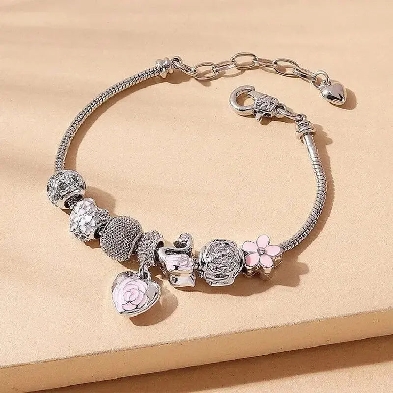 Rose, Heart and Swan Charm Bracelet