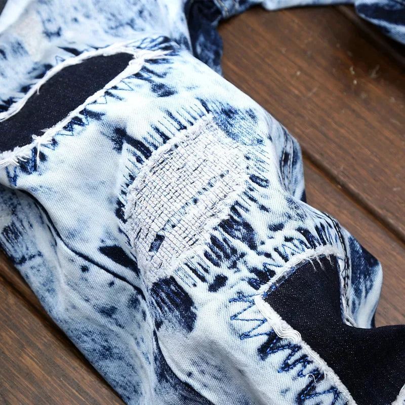 Denim Embroidered Patchwork Ripped Jeans (without Belt) Slim Fashion High Street Motorcycle Denim Pants Male Designer Clothes, men's jeans