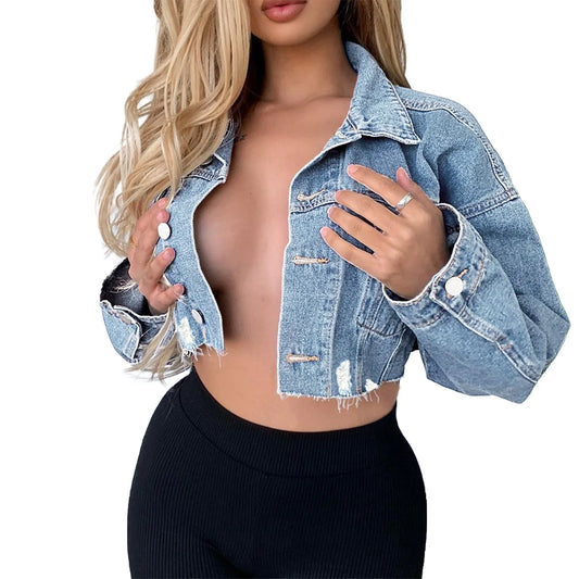2023 Autumn New Long Sleeve Ripped Jacket Fashion Sexy Short Jeans Coat Casual Clothing XS-L