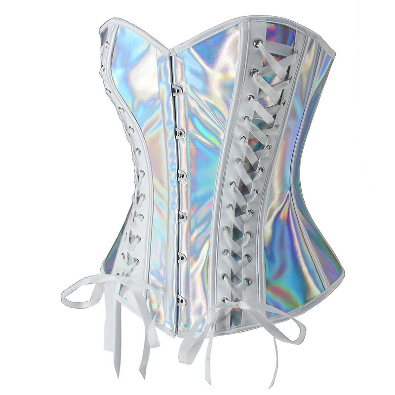 Silver PU Leather Corset Top Women Gothic Overbust Steampunk Corset and Bustier Women Sexy Corselet Clubwear