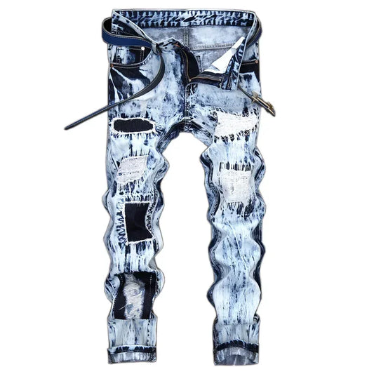 Denim Embroidered Patchwork Ripped Jeans (without Belt) Slim Fashion High Street Motorcycle Denim Pants Male Designer Clothes, men's jeans