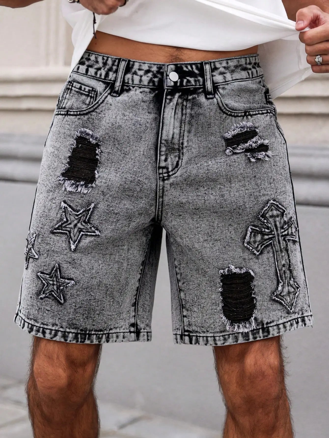 Summer Denim Shorts. Straight-leg fit. Ripped design. Dark gray denim embroidered shorts, men's jeans