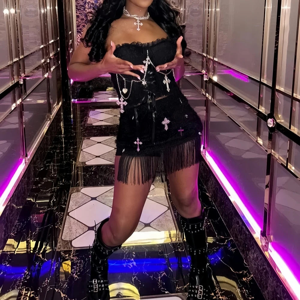 HLJ&GG Black Sexy Y2K Punk Tassels Two Piece Sets Women Chain Lace Up Slim Tube And Fur Mini Skirts Outfits Fashion Streetwear