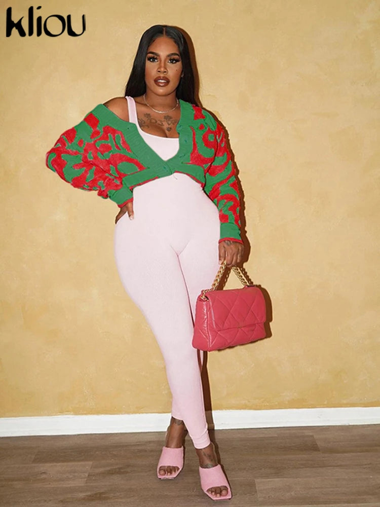 Kliou Knit Coats ladies Autumn New Full Sleeve Breasted Buttons V-neck Ruched Sweather Outwear Bare Midriff Street Tops