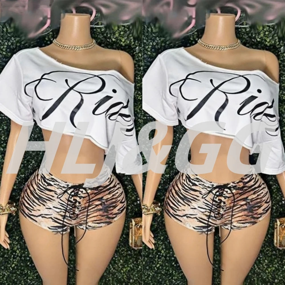 HLJ&GG Y2K Fashion Letter One Shoulder Crop Top Two Piece Sets Women Loose Tshirts And Tiger Shorts Outfits Summer Streetwear