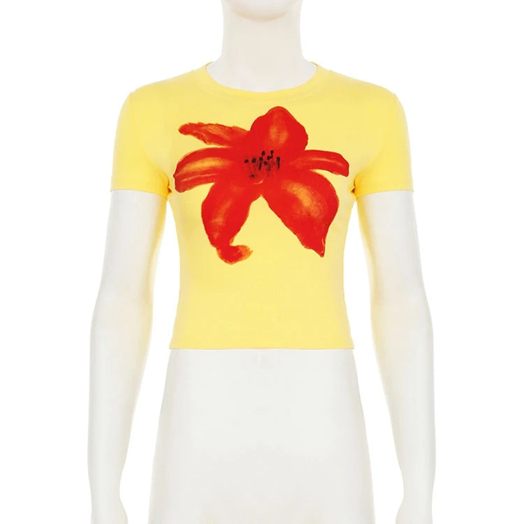 STYLISH LADY Contrast Color Floral Printed Crop Tops 2025 Summer Women Short Sleeve O Neck Casual Holiday Street T Shirts Tees