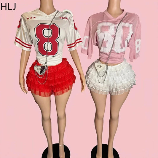HLJ&GG Fashion Letter Print Loose Tshirts Two Piece Sets Women V Neck Top And Mesh Stacked Shorts Outfit Female Streetwear 2024
