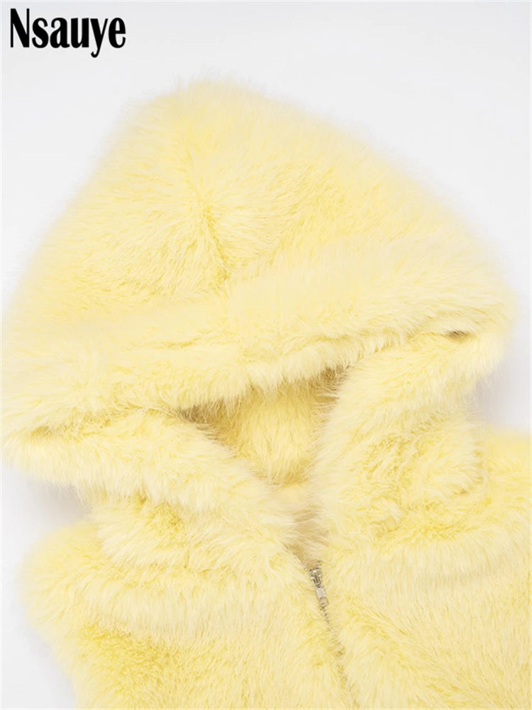 Nsauye Fashion Faux Fur Women Sleeveless Hooded Jackets 2025 Autumn Winter Warm Cardigan Tops Streetwear Slim Outerwear Coat