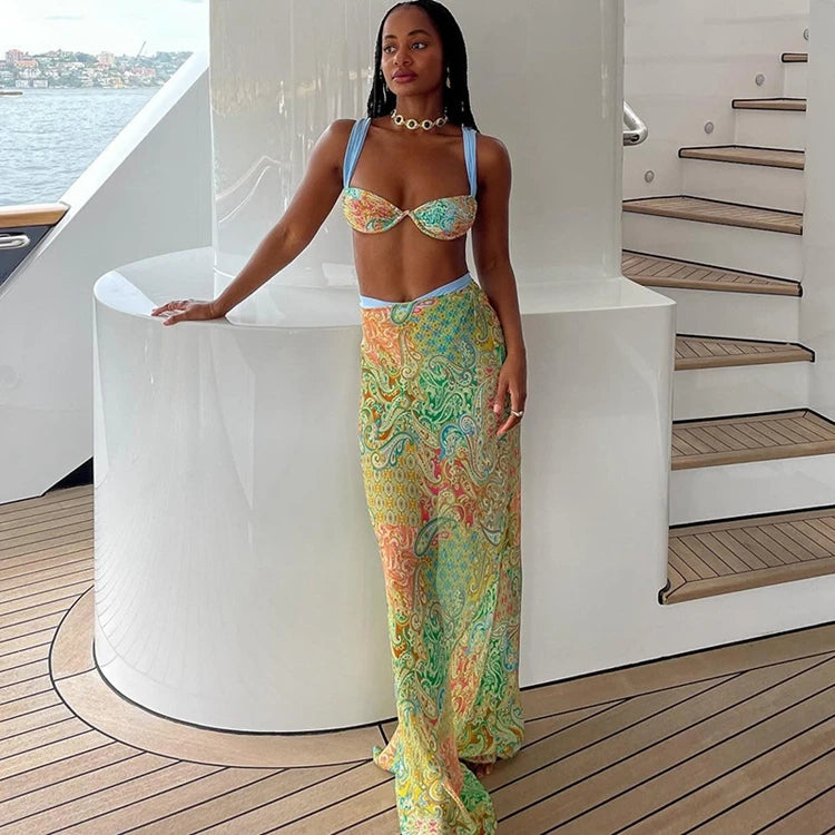 STYLISH LADY Contrast Color Printed 3 Piece Set Women Bikinis and Cover Up Skirt Suits 2025 Summer Holiday Beach Swim Outfits