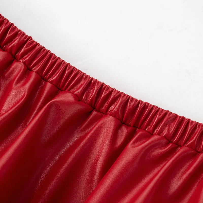 HLJ&GG Red Fashion Leather Puffy Mini Skirts Two Piece Sets Women Zip Long Sleeve Jacket And Skirts Outfit Y2K Female Streetwear