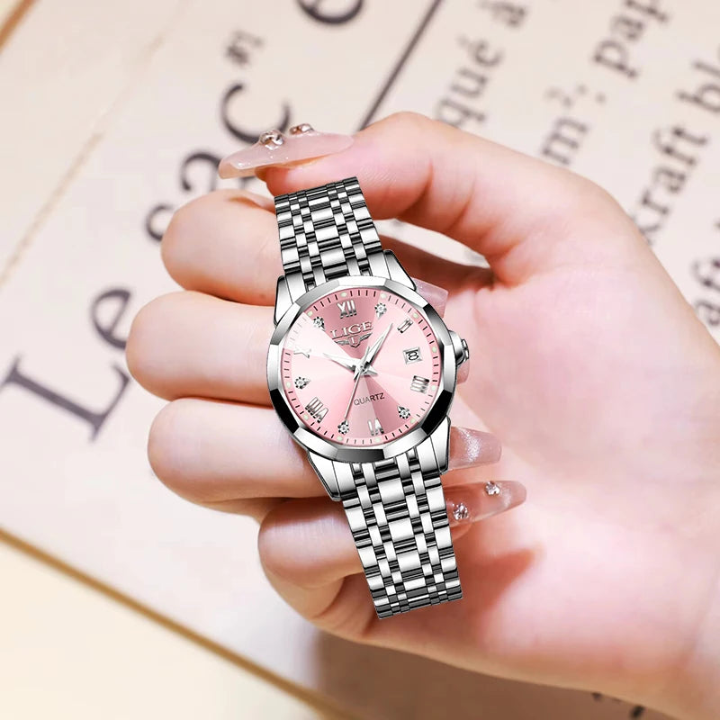 LIGE Elegant Ultrathin Nordic Simple Style Quartz Movement ladies Wristwatch Fashion Stainless Steel Bracelet Belt Watch