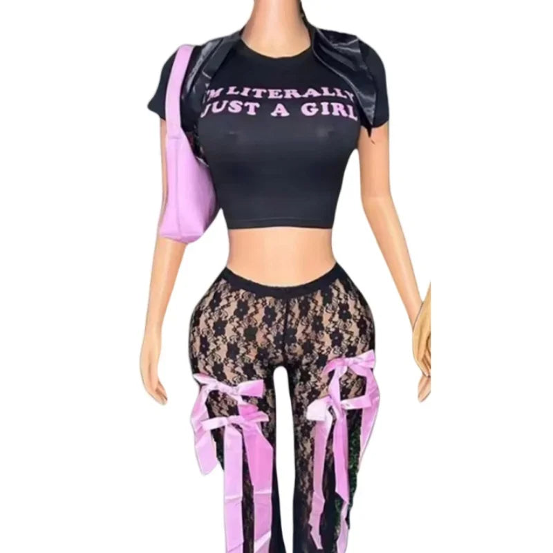 HLJ&GG Fashion Y2K Streetwear Women Letter Print O Neck Slim Crop Top And Mesh Sheer Bow Skinny Pants 2 Piece Sets Outfits 2024