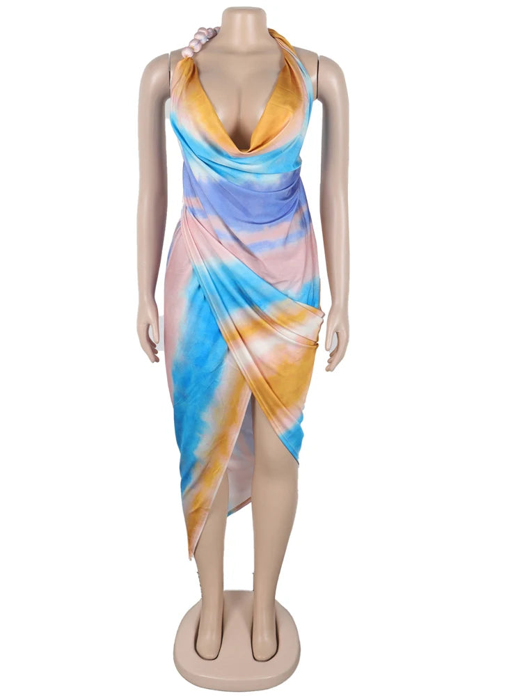 Kricesseen Tropical Women's Halter Neck High Slit Tie Dye Midi Dress Summer Bandage Beach Dress Swimwear Beach Cover-Up Dress