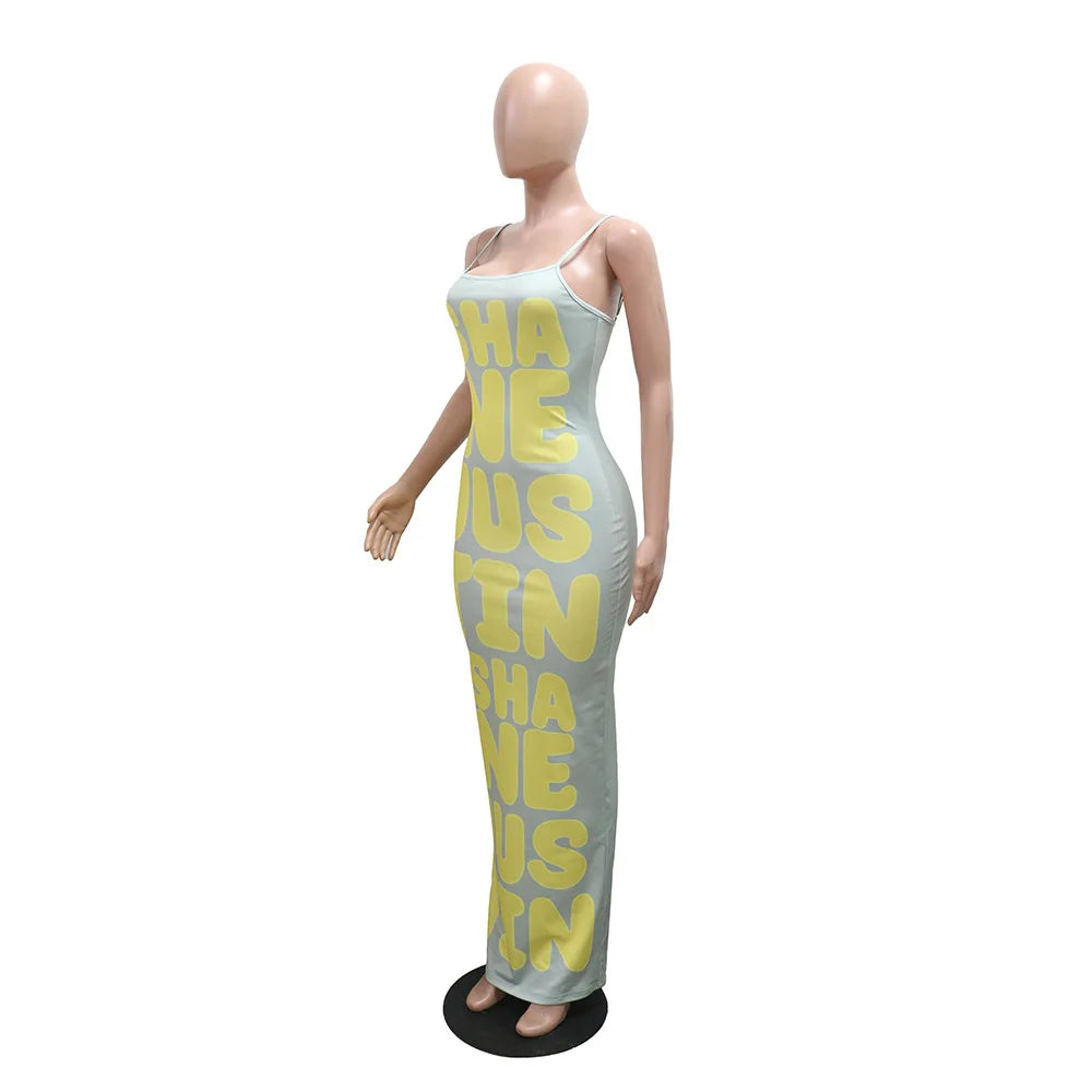 HLJ&GG Summer New Letter Print Bodycon Spaghetti Strap Long Dresses Women Sleeveless Backless Slim Vestidos Fashion Streetwear