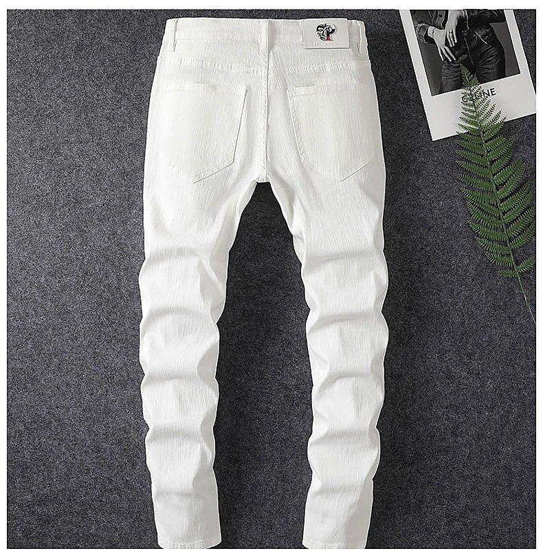 2024 spring and summer hot selling men's white distressed hot drilling jeans slim fit stylish American high street trendy jeans