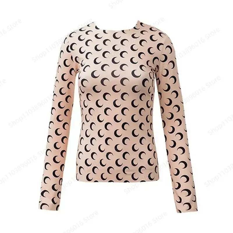 Moon Printed Tshirt Graphic Top for Women Stretchy Slim Korean Fall Spring Long Sleeve Tees Y2k Grunge T-Shirt 2000s Clothes