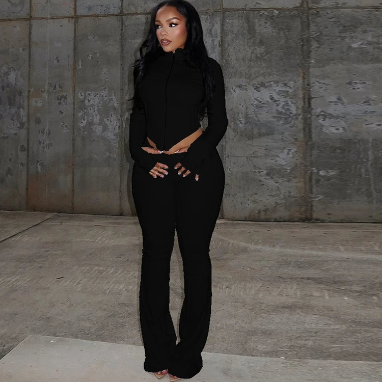 STYLISH LADY Solid Color Sporty 2 Piece Set Women Long Sleeve Crop Top and Flare Pant Suits 2025 Summer Casual Fitness Tracksuit
