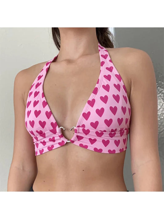 Pink Heart Print Cute Bustier Crop Top Women Aesthetic Clothes Sleeveless Backless Lace Up Bralette Camisole