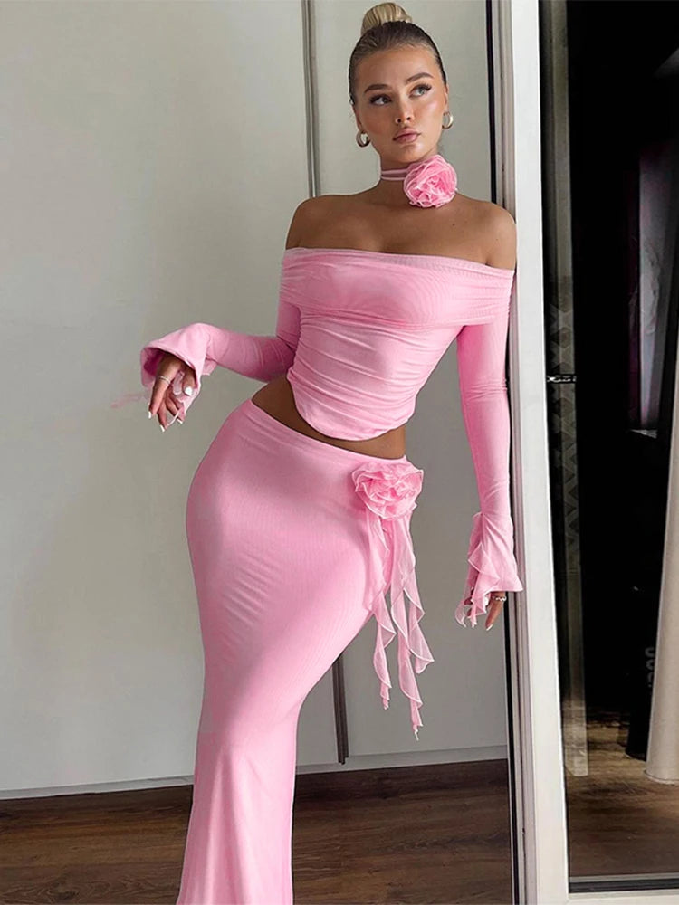 Dulzura Matching Suit Neck Accessories 3D Flower Off Shoulder Long Trumpet Sleeves Crop Top Tassel Maxi Skirt 2024 Autumn Women