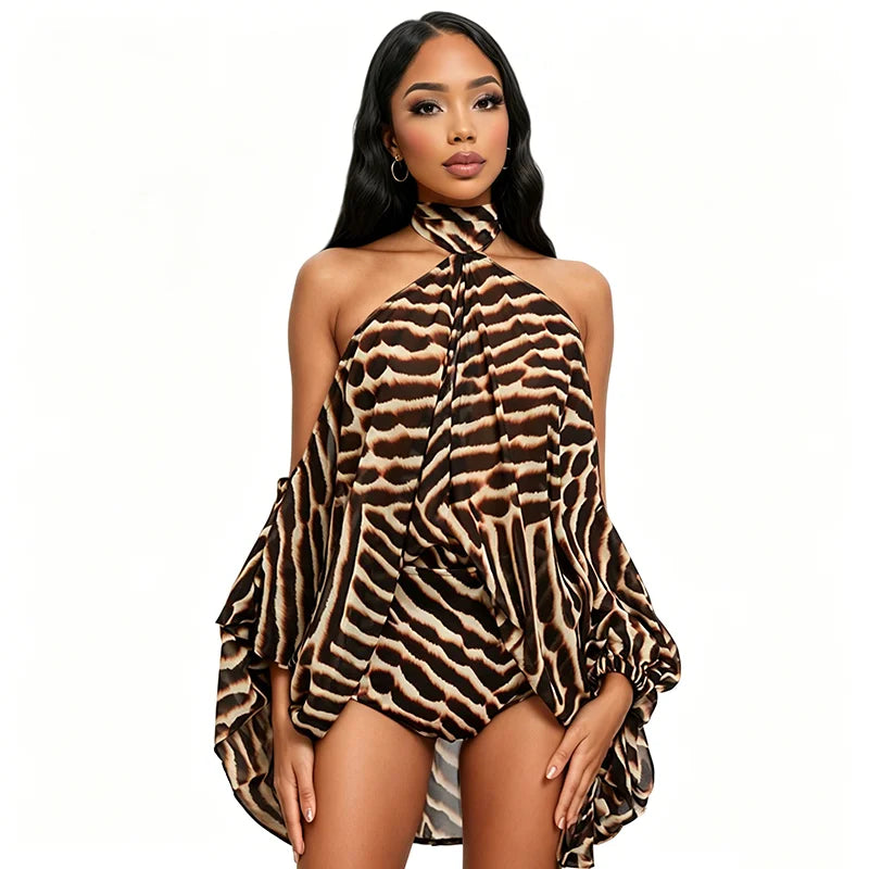 American style neck hanging off shoulder personalized top, tight shorts, printed two-piece set