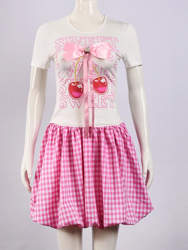 Kricesseen Cute Girls Sweety Bow-Tiw Tee Tops And Plaid Ruffles Skirt Set Two-Piece Pink Holiday Outfits