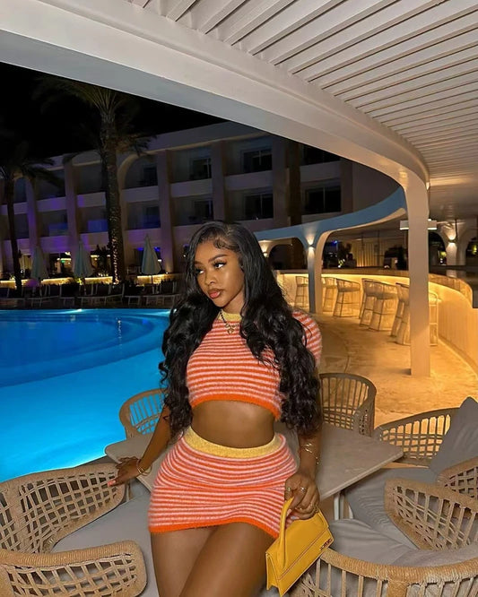STYLISH LADY Striped Printed Knitted 2 Piece Set Women Short Sleeve Crop Top and Mini Skirt Suits 2025 Summer Sexy Club Outfits