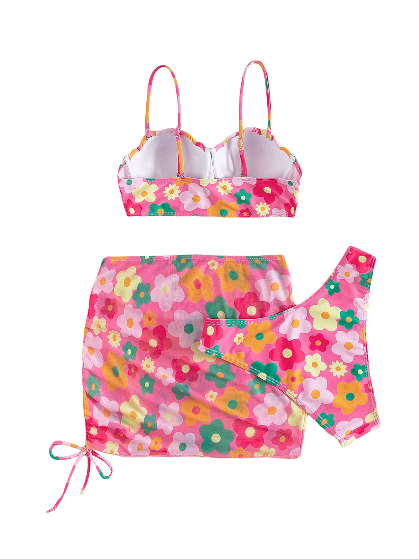 Women 3pcs Swimsuit Set Floral Sleeveless Push Up Bra and Elastic Briefs Cover Up Skirt Beachwear Bathing Suit