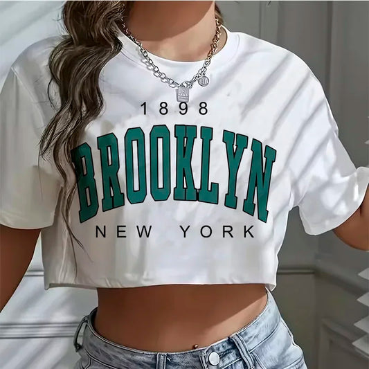 y2k T Shirt Los Angeles Number 91 Brooklyn Graphic Round Neck Sports Crop T-shirt Casual Crop Top Women Cropped