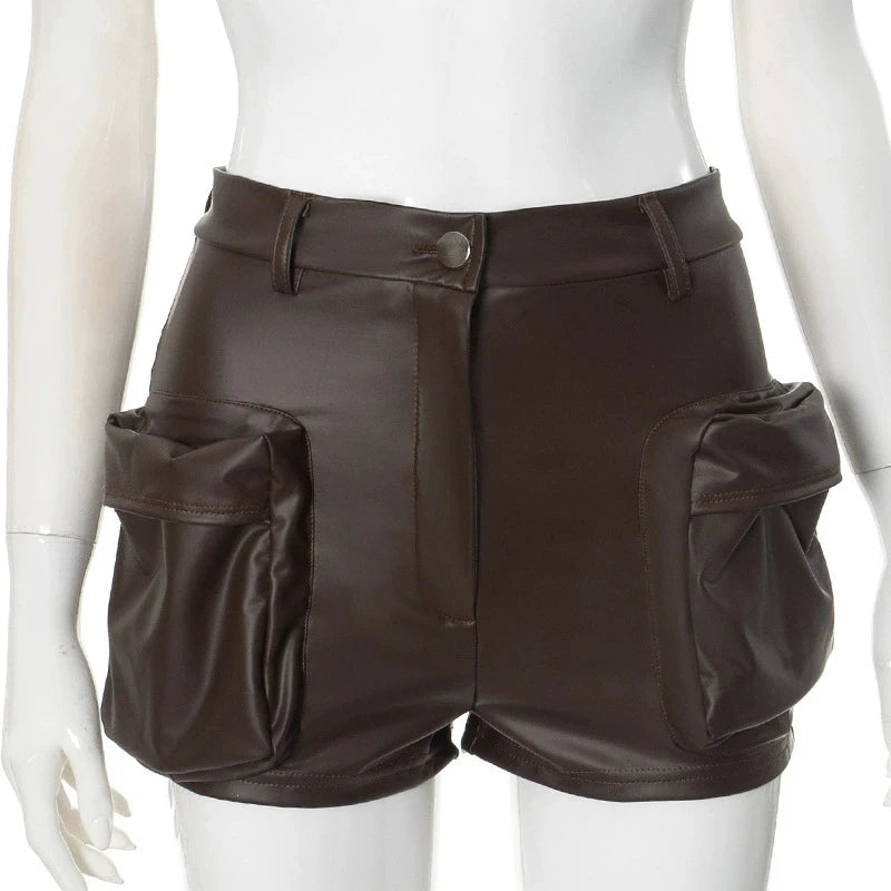 HLJ&GG Brown Y2K Fashion Leather Cargo Shorts Two Piece Sets Women Off Shoulder Zip Slim Crop Top And Shorts Outfits Streetwear