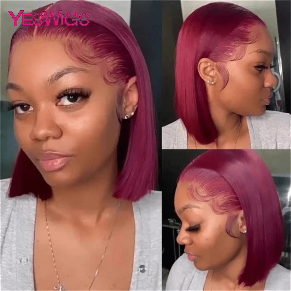 Short Bob Wig Hot Red Burgundy 99j Colored Brown Lace Front Human Hair Wigs Bone Straight Bob Wig Lace Frontal Wigs For Women