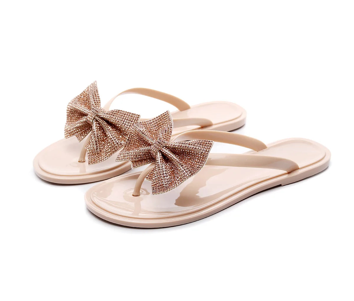 2024 Spring/Summer New Large Size Flip Flops Women Bow Knot Rhinestones Outdoor Leisure Beach Flat Home Sandals/Slippers