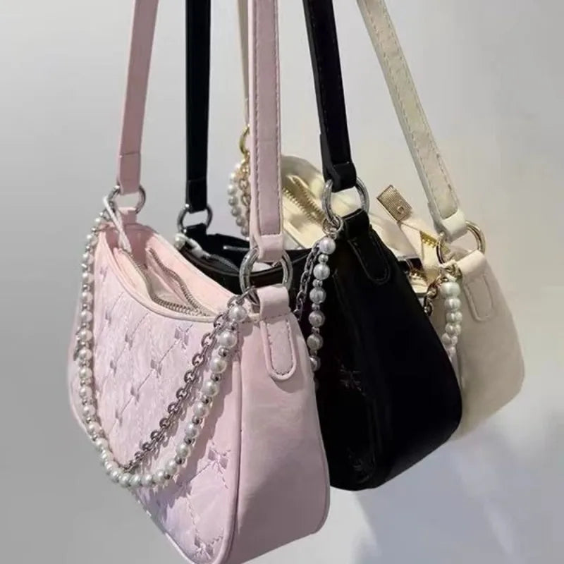 Pink Shoulder Bag Elegant Cute Bow Pearl Chains Bow Embroidery Handbag Casual Leather Korean Fashion Female Handbag