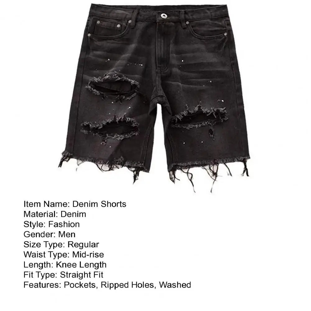 Deformed-resistant Denim Shorts Men's Summer Distressed Denim Shorts Straight Fit Ripped Holes Knee Length Jeans with Multi