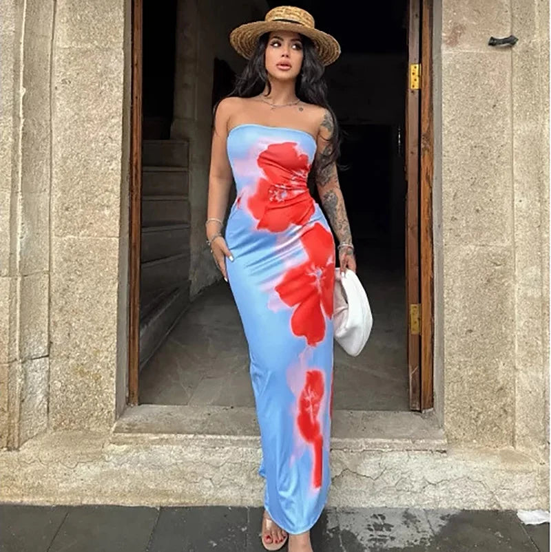 Fashion Elegant Sleeveless Print Long Dress Women's Sexy Backless Strapless Bodycon Maxi Dresses Summer Beach Holiday Long Robe