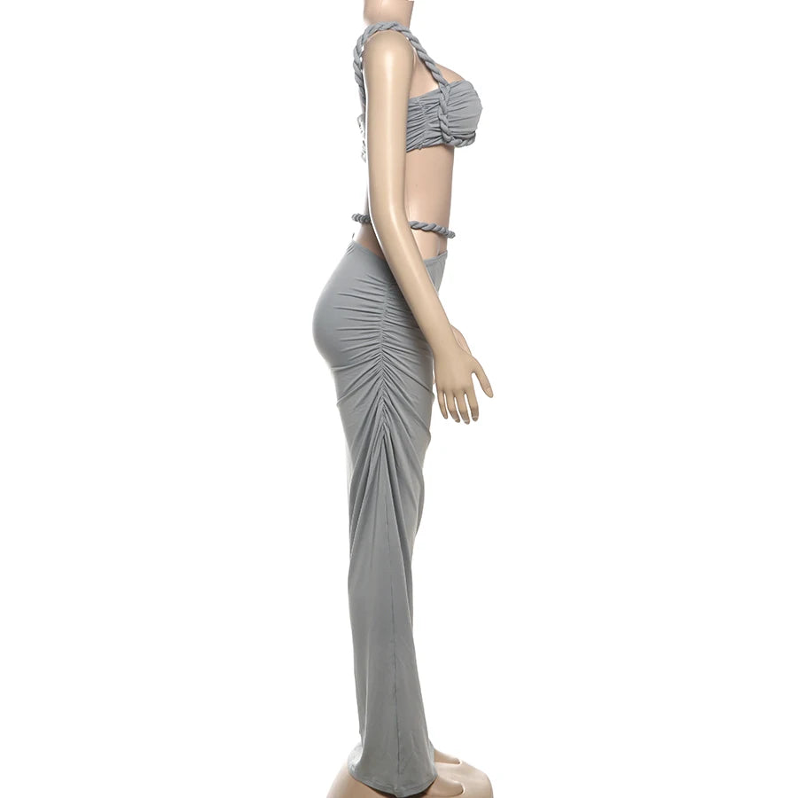 Weird Puss Square Collar 2 Piece Set Women Bra+Skinny Long Skirts Bandage Ruched 2025 Summer Vacation Beach Party Trend Suits