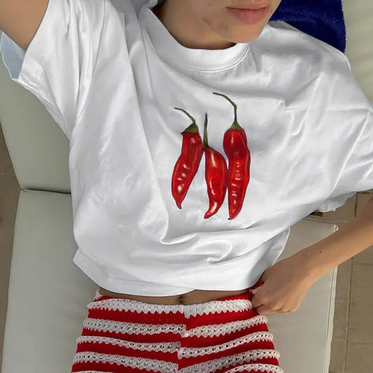 STYLISH LADY Chili Printed T Shirts 2025 Summer Women Short Sleeve O Neck Casual Loose White Streetwear Tops Tees