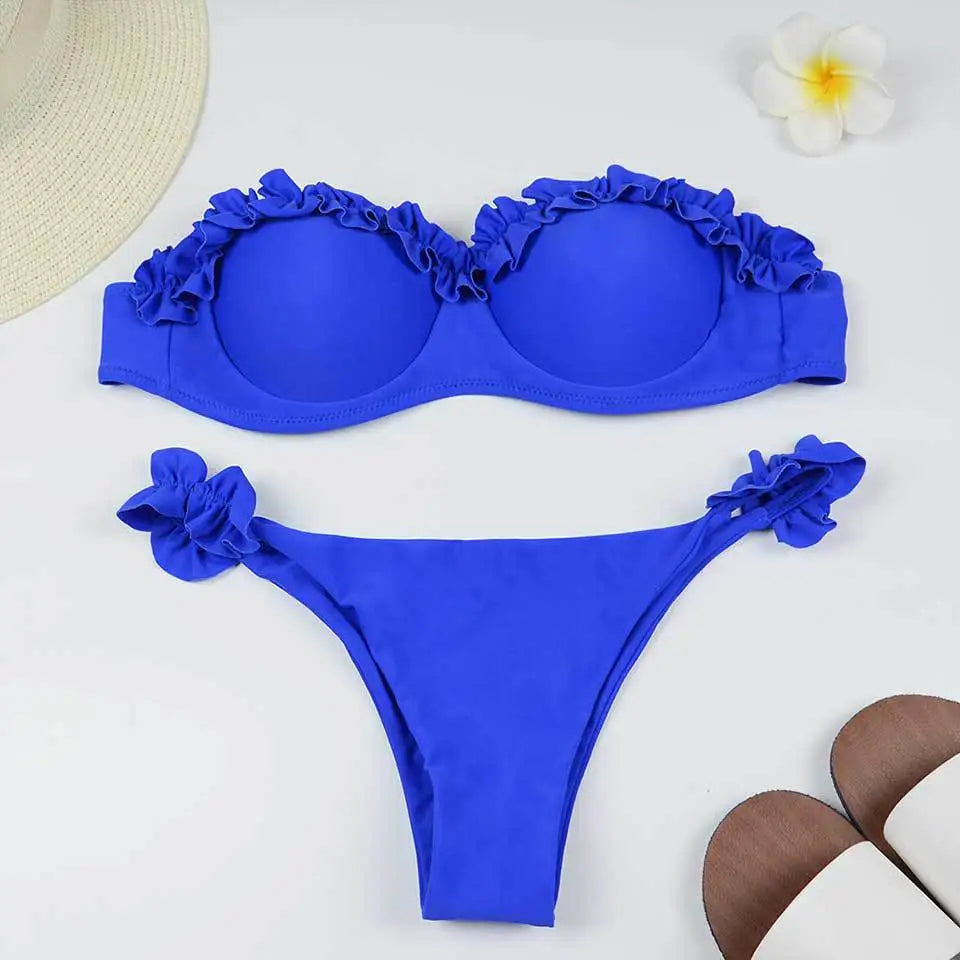 Solid Bikini Set Women Swimsuit Chic Ruffles Micro Bikini Split Bathing Suit Summer 2025 New Beach Spice Girl Swimwear
