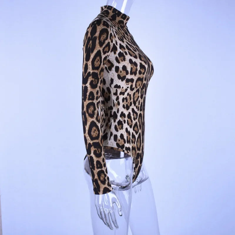HLJ&GG Sexy Leopard Bodycon Bodysuits Women Turtleneck Long Sleeve Slim Romper Spring New Fashion One Piece Jumpsuit Clubwear