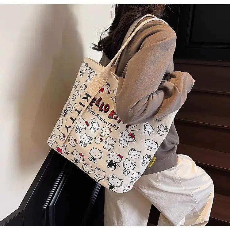 New Model Hello Kitty Cartoon Canvas Bag Cute Commuter Versatile One-Shoulder Tote Bag Large-Capacity Storage Bag