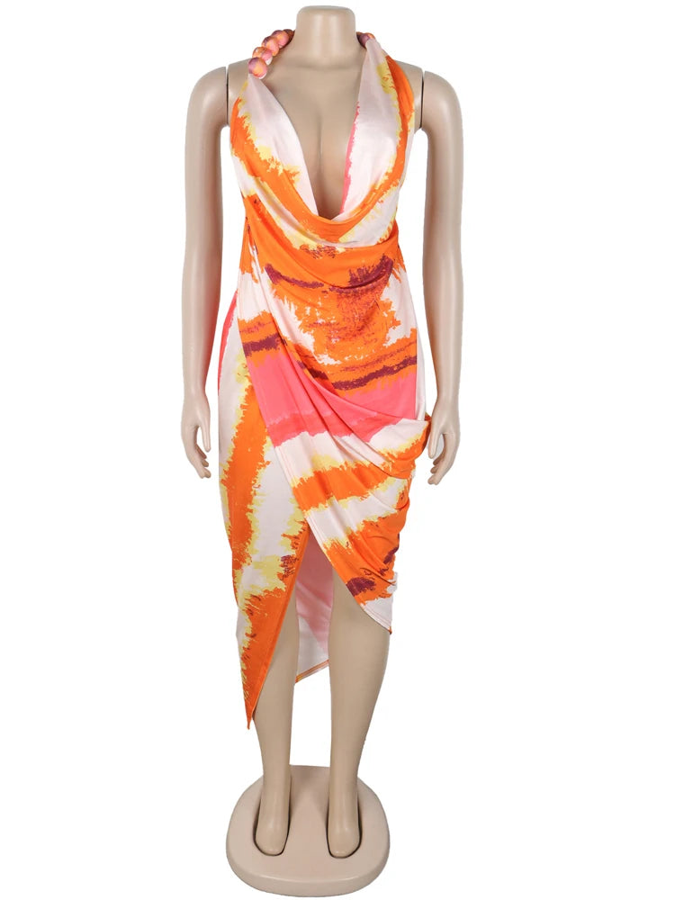 Kricesseen Tropical Women's Halter Neck High Slit Tie Dye Midi Dress Summer Bandage Beach Dress Swimwear Beach Cover-Up Dress