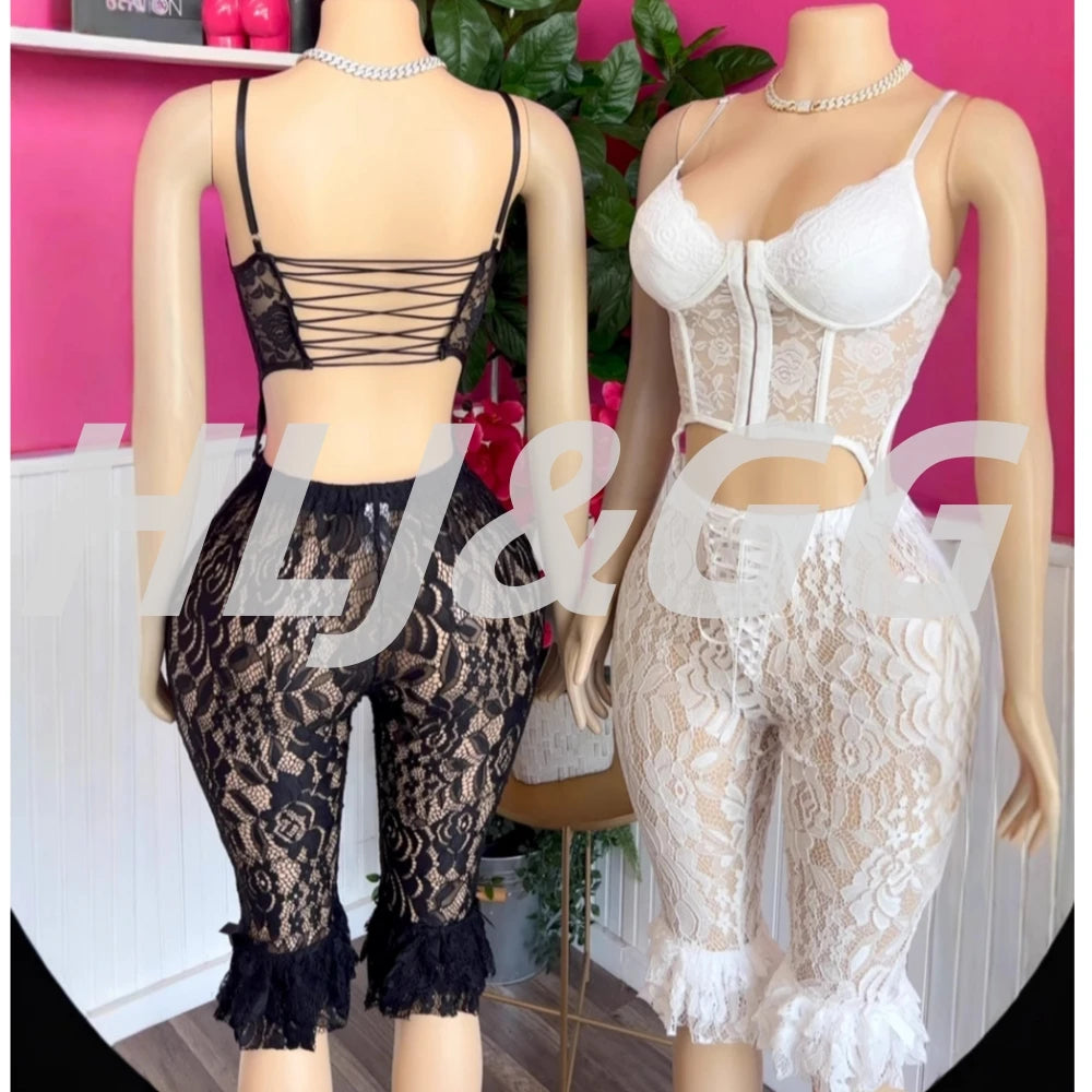 HLJ&GG Sexy Lace See Though Bandage Skinny Shorts Two Piece Sets Women V Neck Spaghetti Strap Slim Crop Top And Shorts Outfits