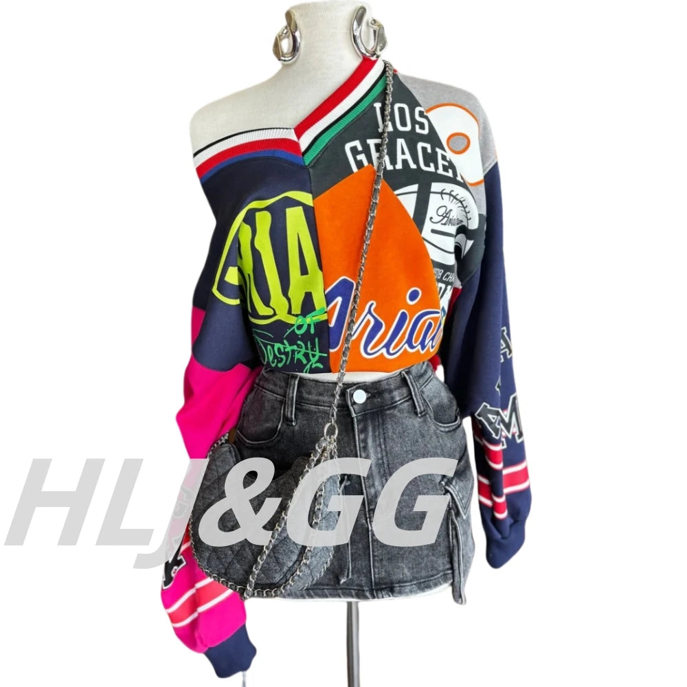 HLJ&GG Fashion Letter Graffiti Print Pullover Two Piece Sets Women V Neck Long Sleeve Loose Top + Pleated Mini Skirts Streetwear